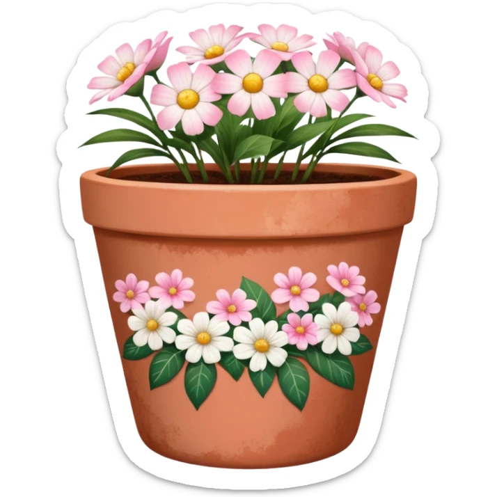 plant pot in terra cota with white and pink flowers print painted on the pot sticker