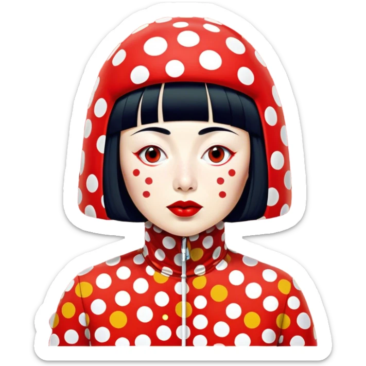 Yayoi Kusama – Cinematic Realistic Portrait of Yayoi Kusama, depicted as an avant-garde artist with an eccentric, captivating expression surrounded by her iconic polka dot patterns, rendered with vivid textures and imaginative lighting that evokes her unique, surreal creative world. sticker