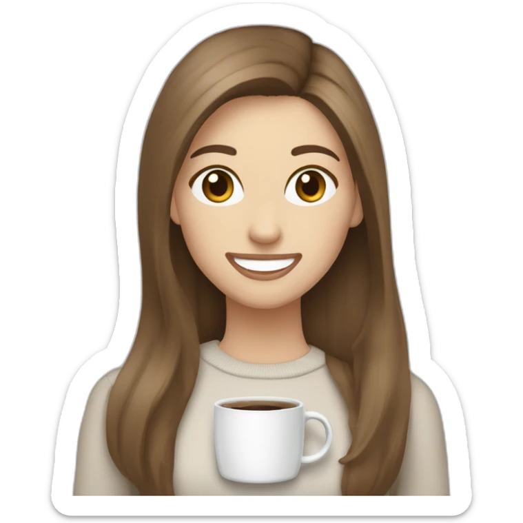 smiling woman pale skin middle brown long straight hair with a closed laptop and a coffee mug wearing a white woolly shirt having in a snowstorm sticker