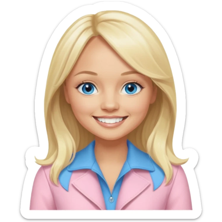 Emma Bunton with blonde long hair, blue eyes, light pink outfit sticker