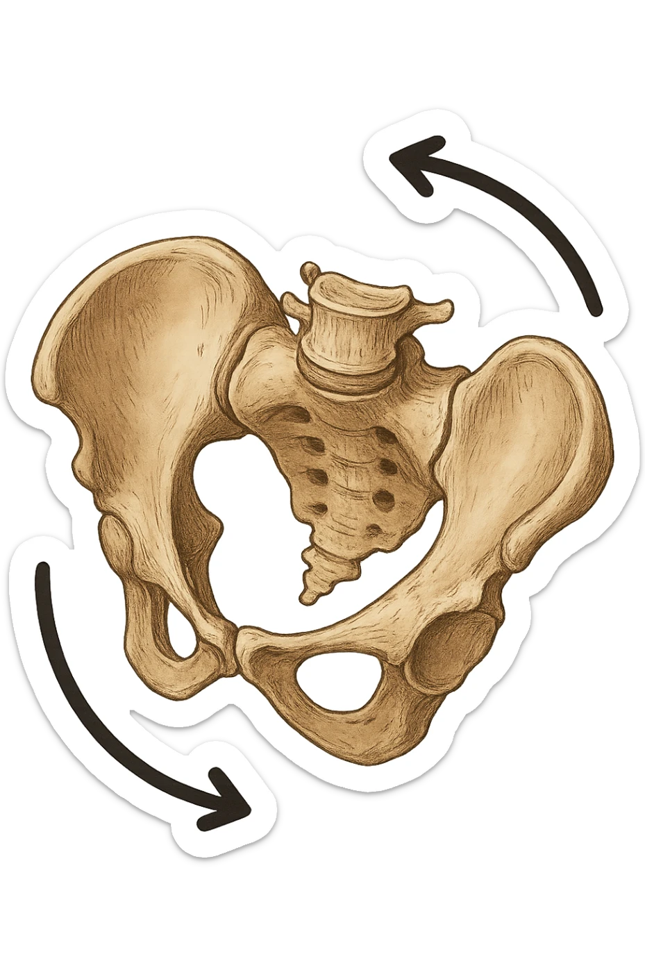 Bacino anatomico ruotato in senso orario con le frecce per far capire sticker