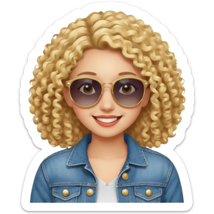 young fashionable woman, curly blonde hair, denim jacket, sunglasses, cheerful expression sticker