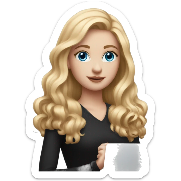 A girl with fair skin, light hair and blue eyes in a black shirt holds a rose gold MacBook sticker