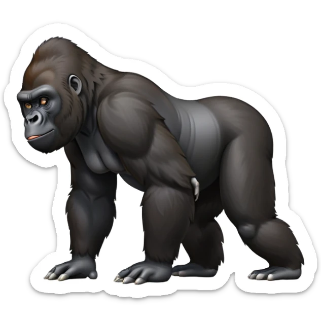 cinematic-gorilla-realistic-full-body-on all fours-emoji,-exuding-strength,-thick-dark-fur-glossy-in-the-light,-head-tilted-dramatically,-deep-dark-eyes-filled-with-intense-intelligence,-simplified-yet-realistic-focused-features,-highly-detailed,-glowing-with-an-almost-sarcastic-glow sticker