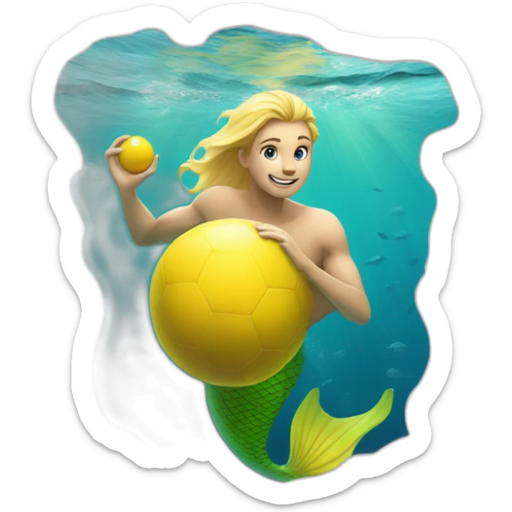 Underwater man blond mermaid swimming with fins, snorkel equipement, holding a small yellow ball, winning enthousiasm sticker