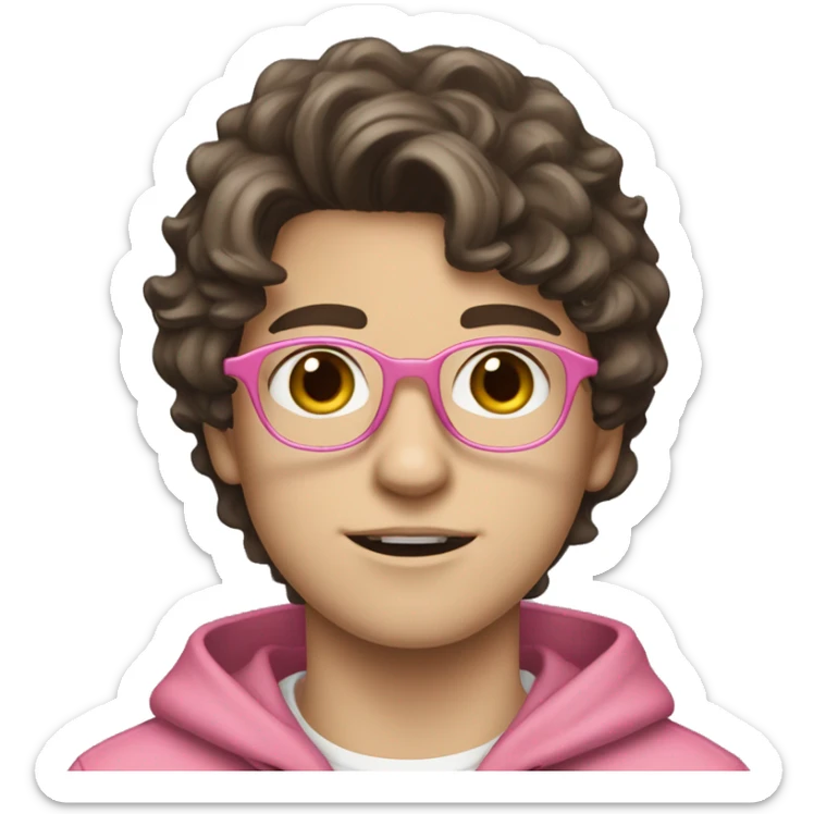 14 year old white boy with brown eyes and dark brown hair. Glasses and hair is wavy but short. Has fringe and it falls to one side of face a bit. Wearing pink hoodie. White skin 😭  sticker