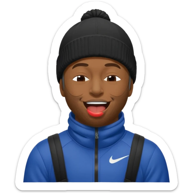 black guy with nike ski mask on squinching his face with his mouth closed trying to hold his laugh with his eyes closed sticker