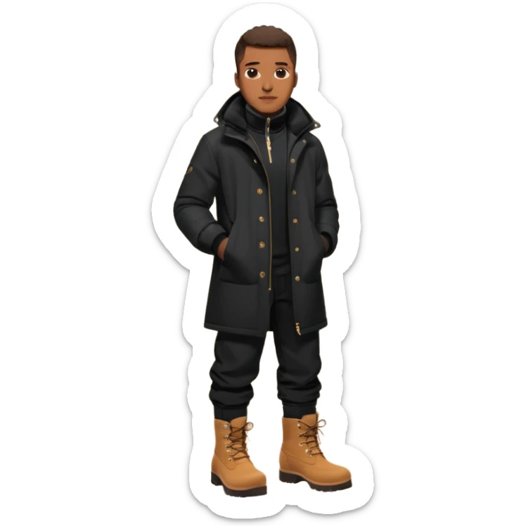 Handsome Black grown man with brown skin tone, wearing black joggers, a black weather coat, and buckwheat timberland boots, and black gloves sticker
