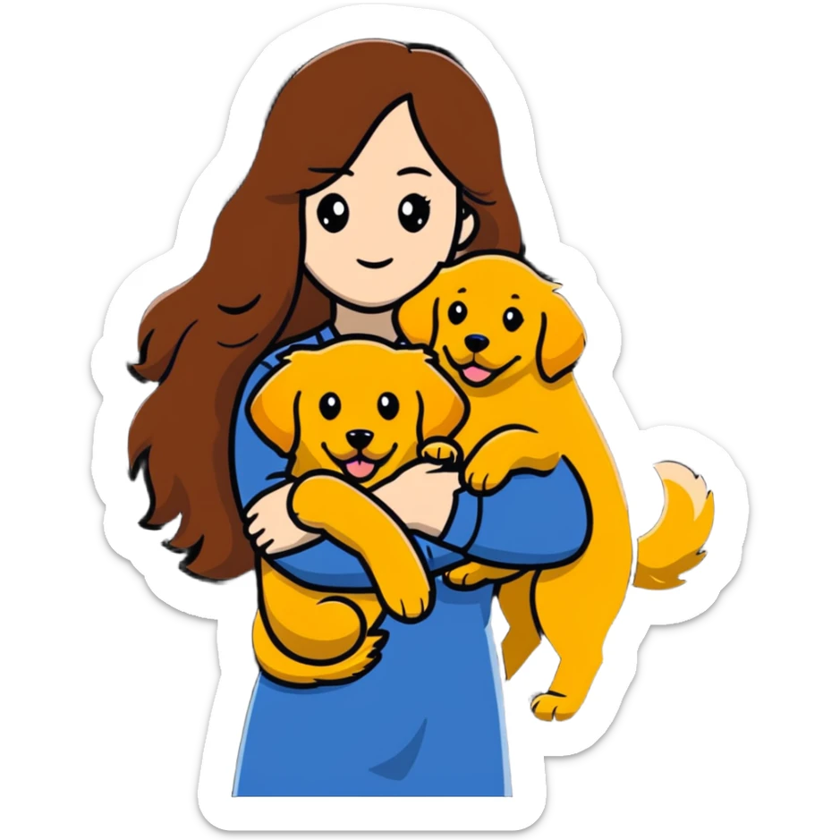woman with long brown hair holding a golden retriever dog in her arms sticker