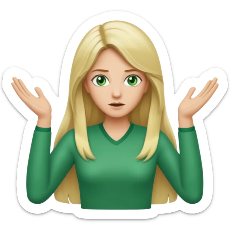lady with long blonde hair, green eyes throwing arms in the as if confused sticker