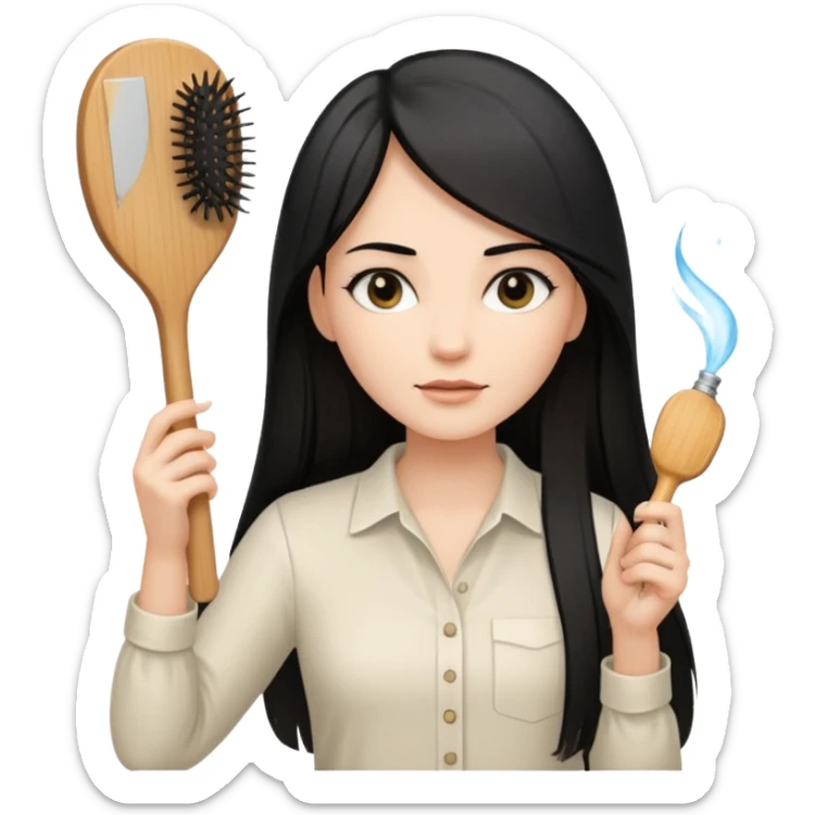 A white woman with long, straight black hair, wearing an ivory-colored shirt, holding a wooden paddle hairbrush in her left hand and spraying a hair mist bottle with her right hand toward her hair. sticker