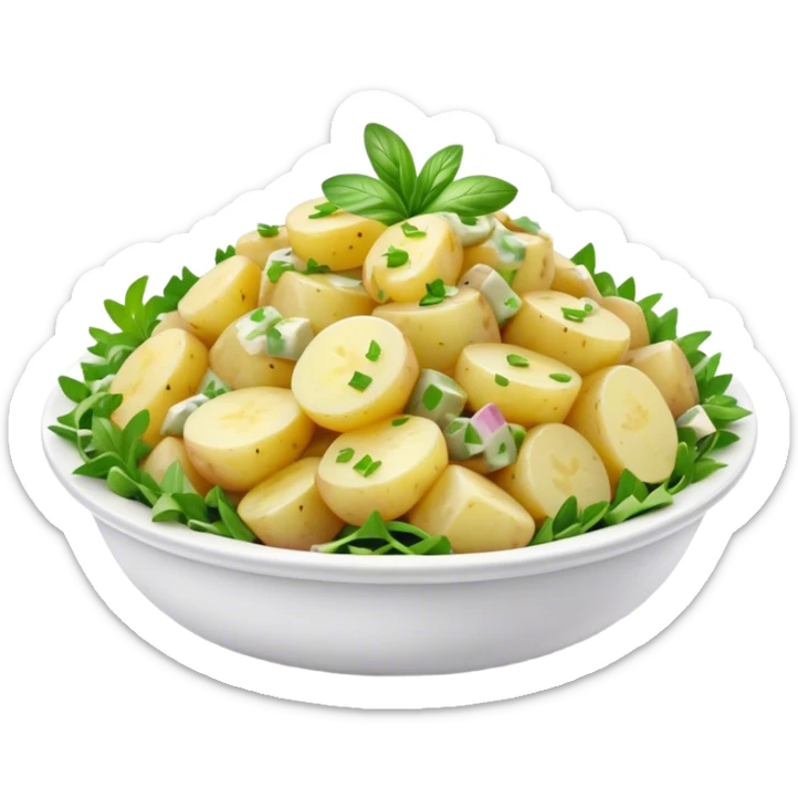 Cinematic Realistic Kartoffelsalat Dish Emoji, showcasing a traditional potato salad with fresh herbs and tangy dressing rendered with lifelike detail and vibrant, natural lighting. sticker