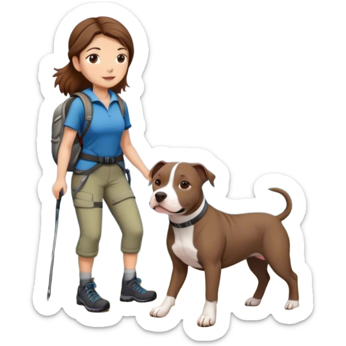 Girl with brown hair hiking with gray pit bull sticker