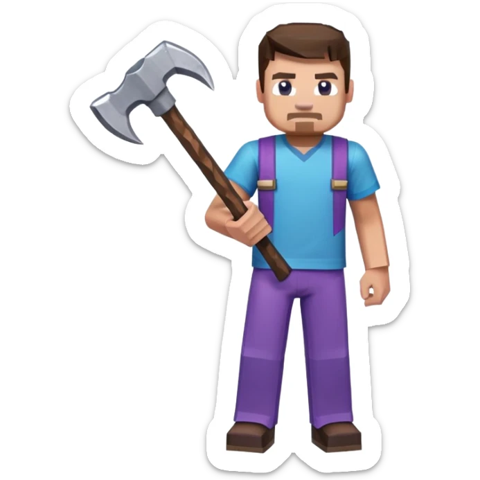 Steve from Minecraft, character with blue shirt and purple pants, holding a pickaxe sticker