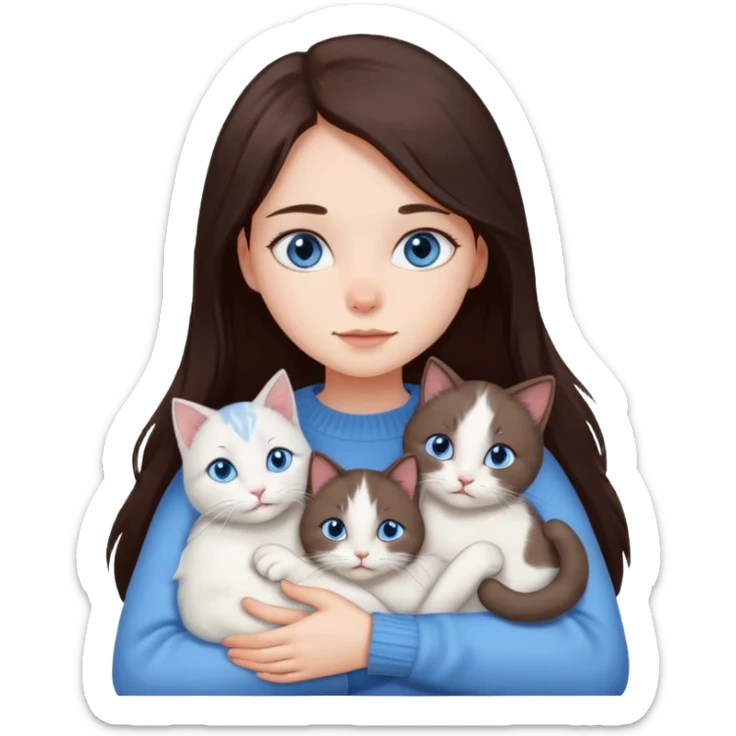 a girl with long dark 
brown hair, with blue eyes, in a
white sweater, hugs 3 different natural coloured cats sticker