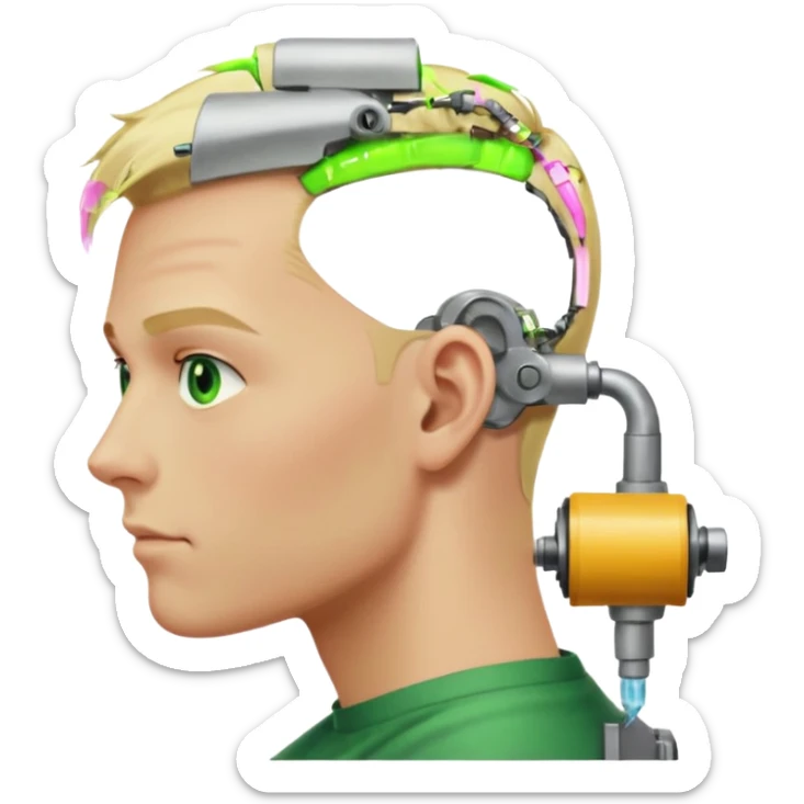 Male, no glasses, blonde hair, right side of hair shaved with a machine, face turned towards the camera sticker