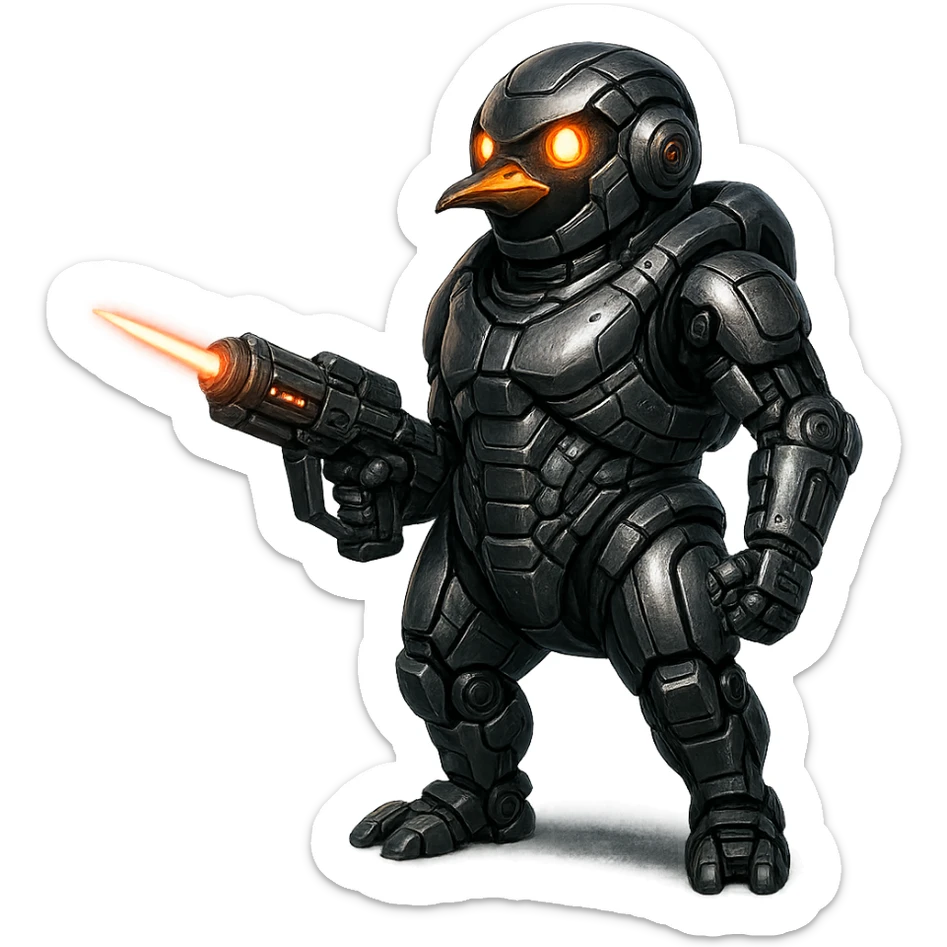 a penguin as a space soldier and cyborg, metallic body parts, glowing eyes, holding a laser weapon sticker