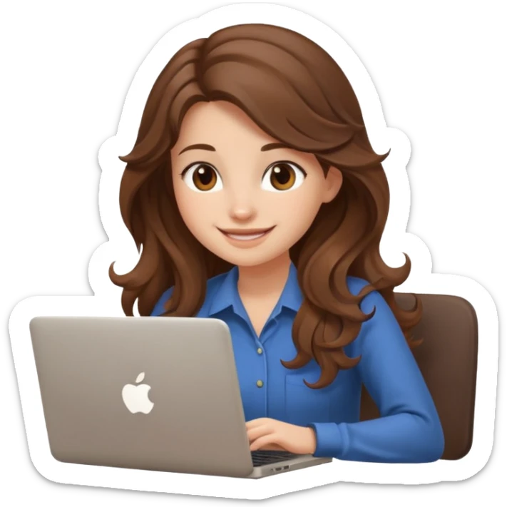 Sitting in front of a laptop in the style of a cute female developer. No glasses, long hair waves and smiling. sticker