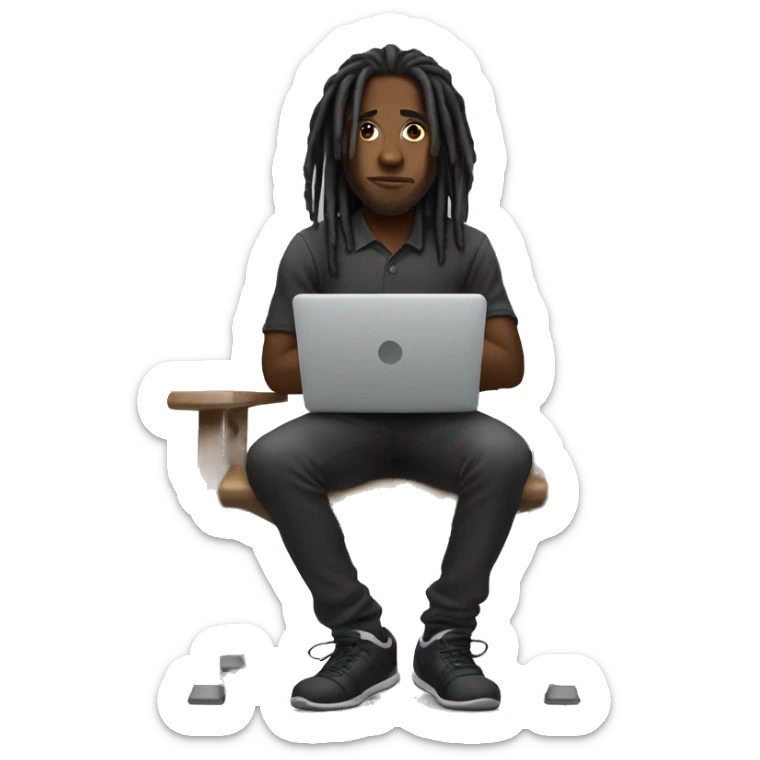 Black-guy-with-dreads-wearing-black-trackstuit-sitting-down-on-chair facing-foward-focused-on-laptop-computer- sticker
