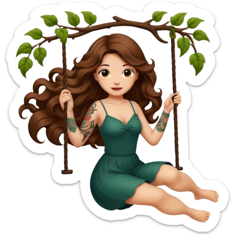ccute woman long wavy brown hair tattoos swinging on vine sticker