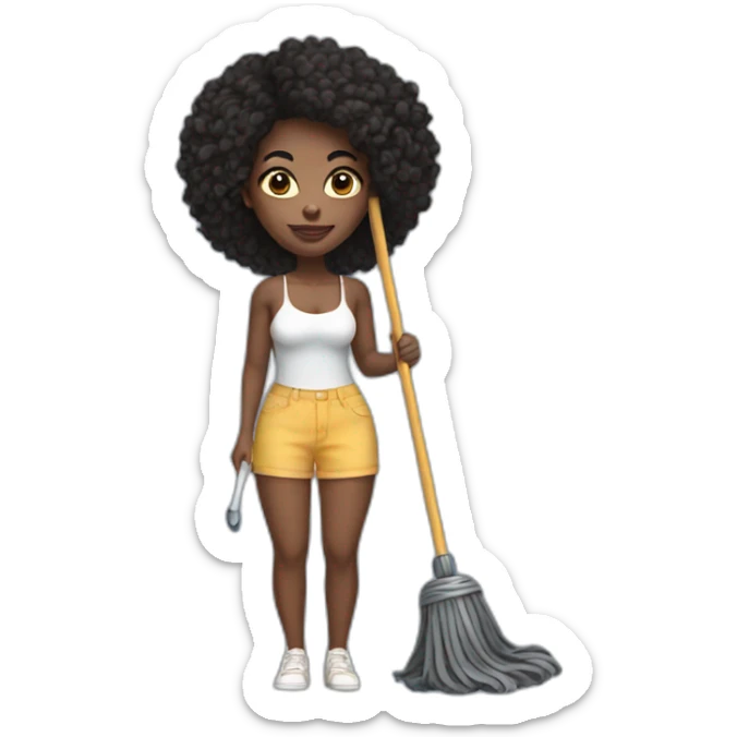 pretty black woman with shorts and a crop top holding a mop sticker