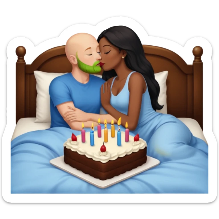 Bald white male with ginger beard and blue eyes kissing African American dark brown woman with long black hair

Laying in bed with birthday cake sticker
