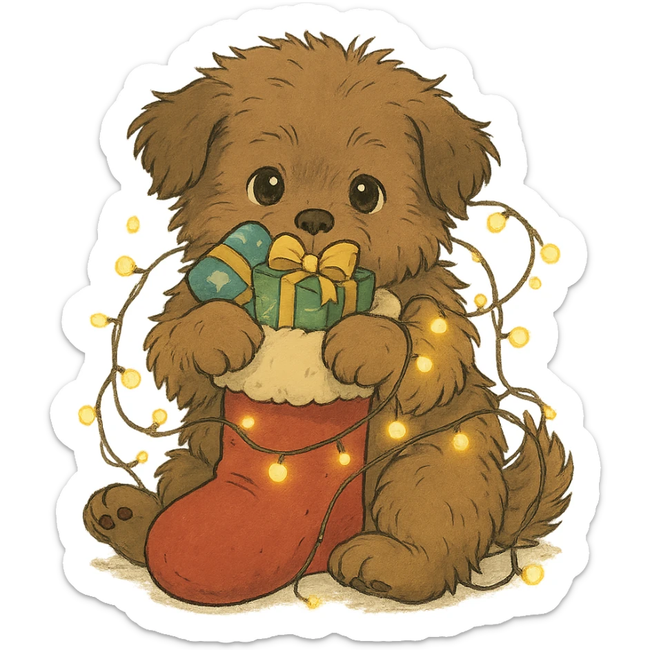 a fluffy brown puppy holding a Christmas stocking full of gifts and tangled in fairy lights, Ghibli style sticker