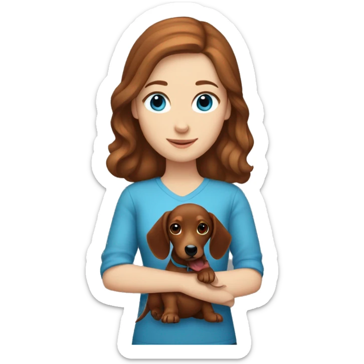 White girl with brown hair and blue eyes holding a red dachshund  sticker