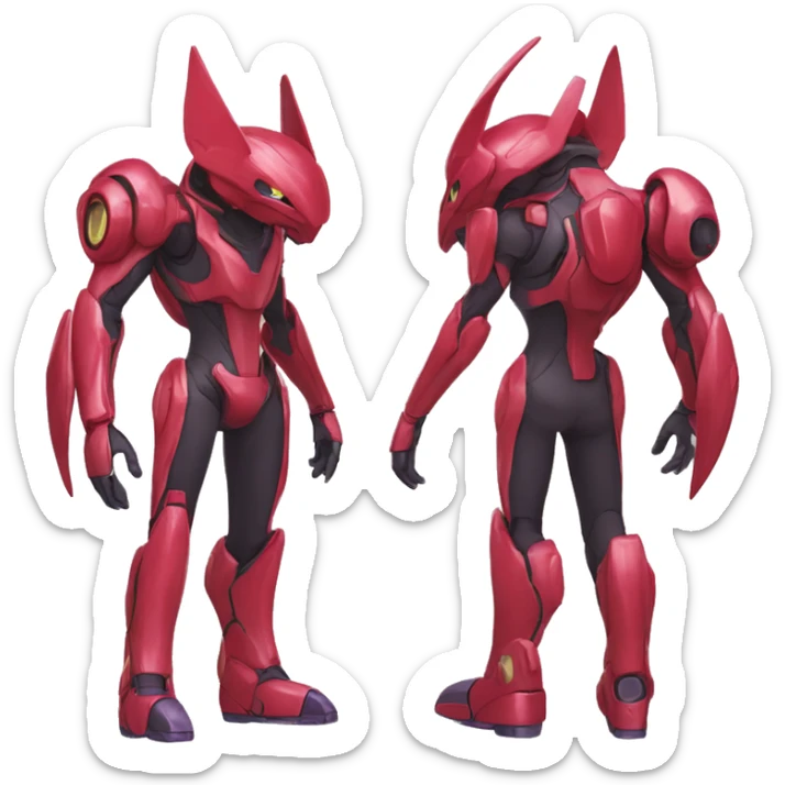a shiny red Genesect-Raptor-Fakémon—hybrid with a futuristic visor-helmet full body sticker