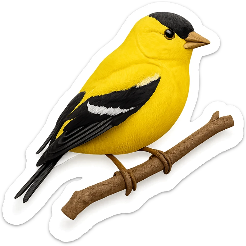 very detailed American Goldfinch perched on a tree branch, intricate cut paper textures, bright yellow feathers, black wings and cap, realistic markings sticker