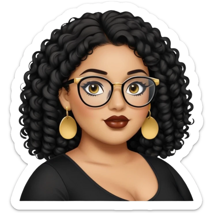 big plus size, latina, darker tan skin, long black curly hair, baddie,pretty, makeup, lipgloss, black eyeliner, long hair, SMALL gold earrings, black top, black glasses sticker