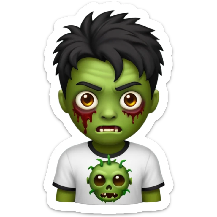 Faça um emoji de um garoto zumbi de cabelos pretos curtos com mechas loiras e com uma camisa preta de mangas compridas. sticker