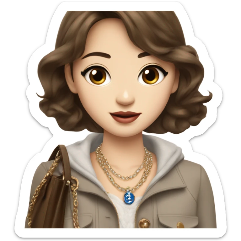 Realistic brown hair blue eyes Chanel Asian Girl with Birkin bag and Chanel necklace sticker