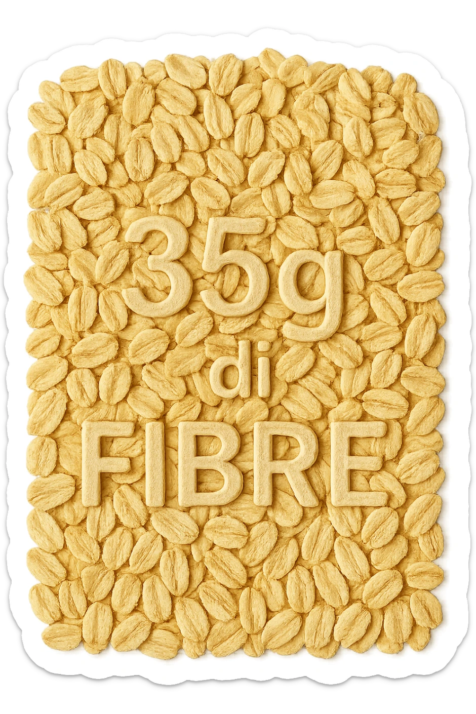 FIOCCHI DI AVENA VISTI DALL'ALTO E LA SCRITTA "35g di FIBRE" IN RILIEVO, IPERREALISTICO 4K sticker