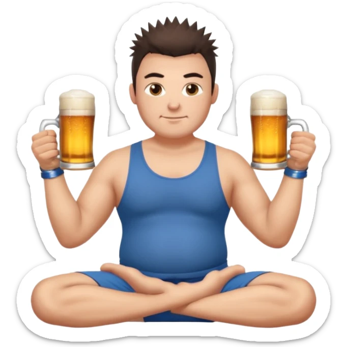 big slavic guy sitting in yoga pose, spiky short dark hair, holding beer mugs in two hands sticker