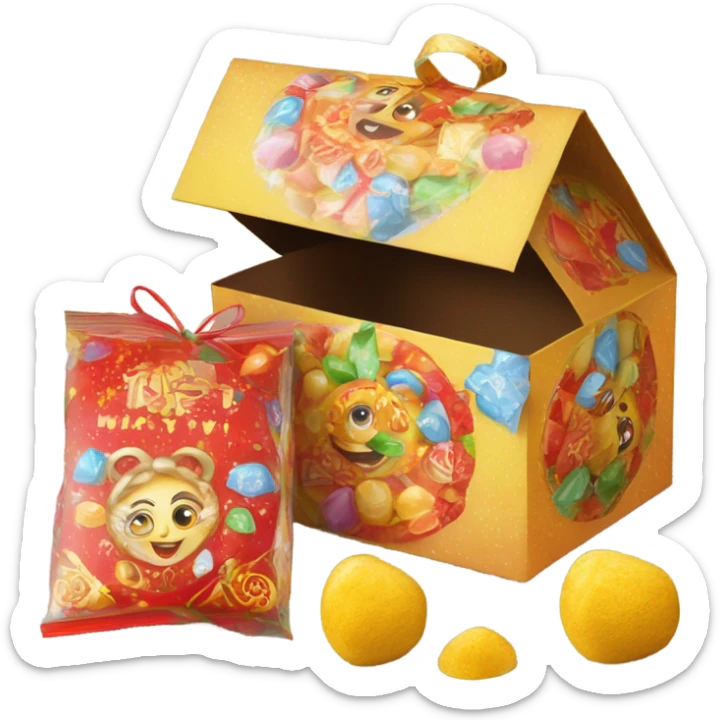 Traditional russian new year sweet gift box with handles with russian candies in wrappers for kids sticker