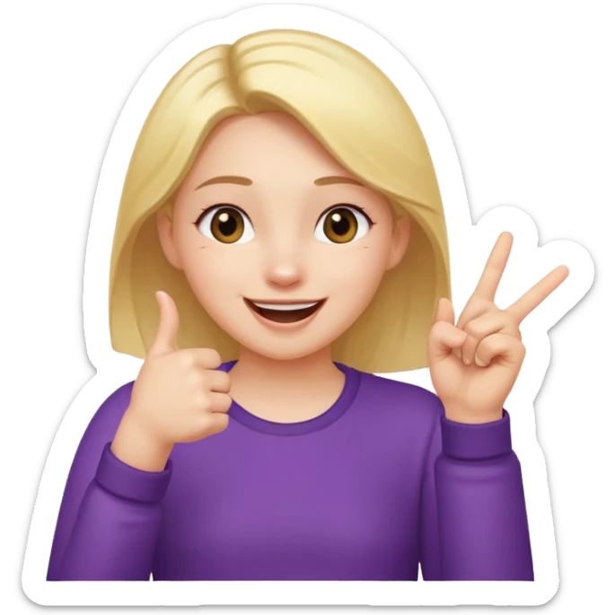 girl with her hand up holding her thumb and index finger close together tip to tip giggling sticker