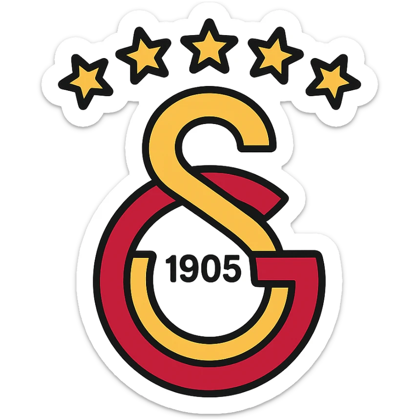 Galatasaray emblem with 5 stars on top, classic yellow and red colors, modern and clear logo style, no background sticker
