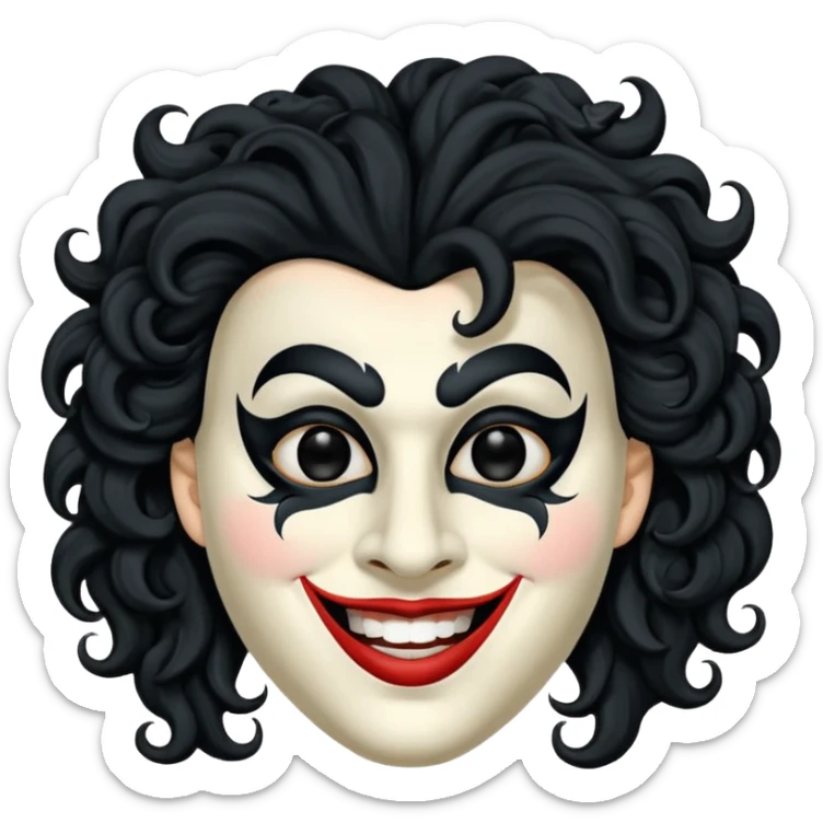 generate theatre mask emoji with a big curly black hair 

wide black smile, long and pointy white nose, pitch black eyes sticker