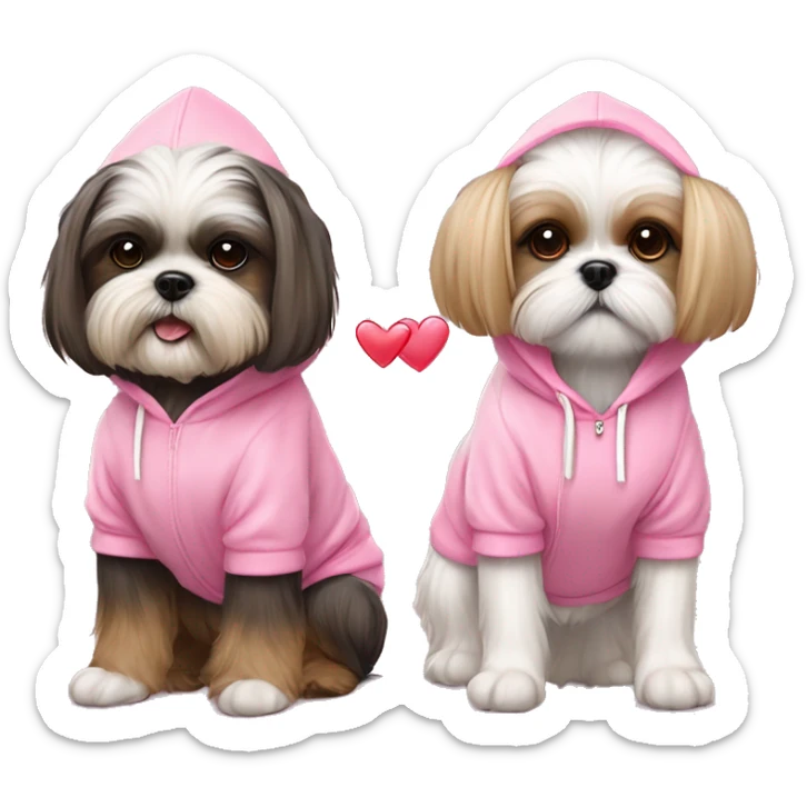 one very cute shih tzu girl and one maltaise dog wearing a pink hoodie with hearts sticker