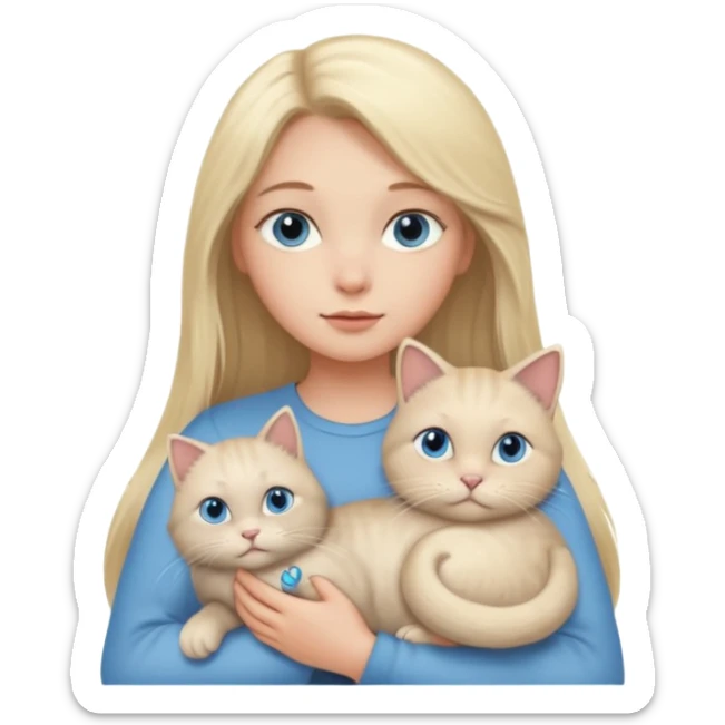 blonde girl with long blonde hair and blue eyes with chubby gray cat sticker