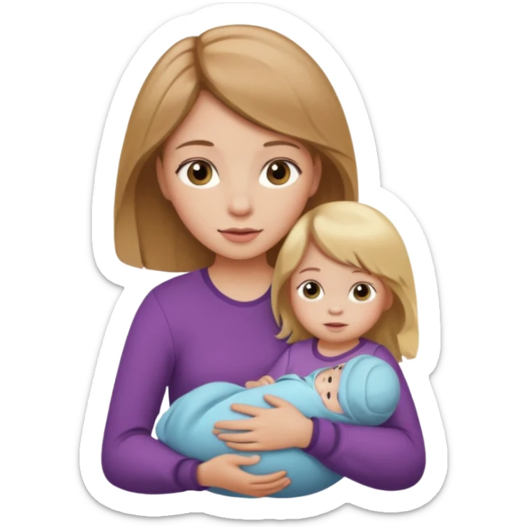 Make a girl with a baby in her arms. A girl should have light brown hair, and a baby girl should have blonde hair. sticker