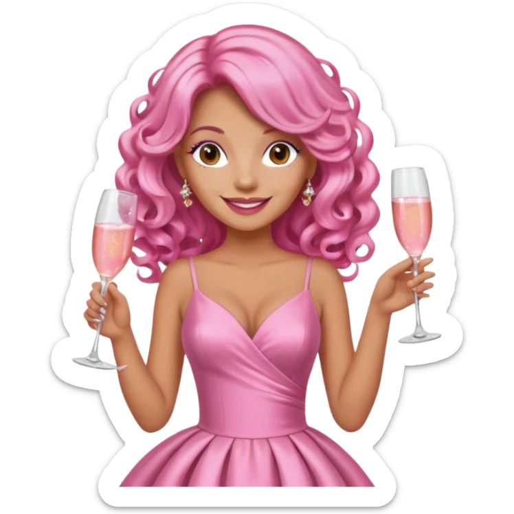 One lady with long pink curled hair and tan skin holding a glass of  pink champagne in each hand sticker