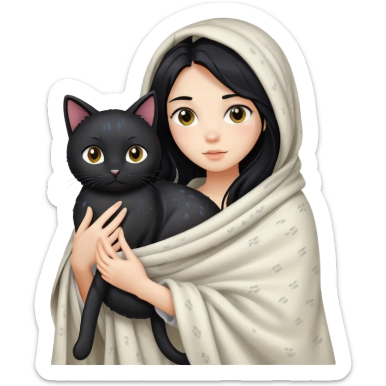 A girl with fair skin, long black hair, just got out of the shower, wrapped in a blanket and holding a black cat sticker