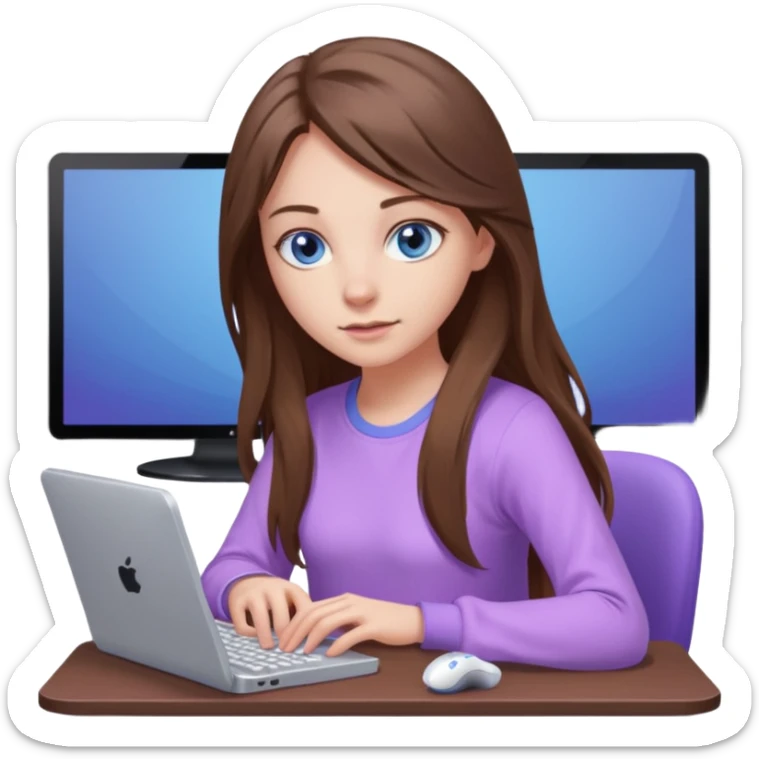 beautiful girl with long brown hair, blue eyes and wearing light purple clothes playing pc games sticker