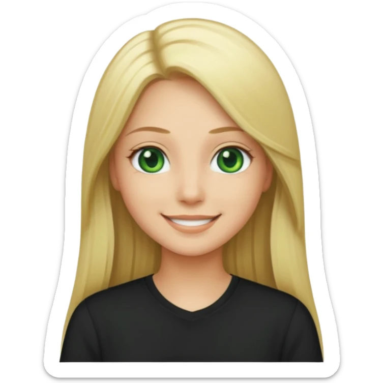 Long straight blonde hair with green eyes and black shirt smiling sticker