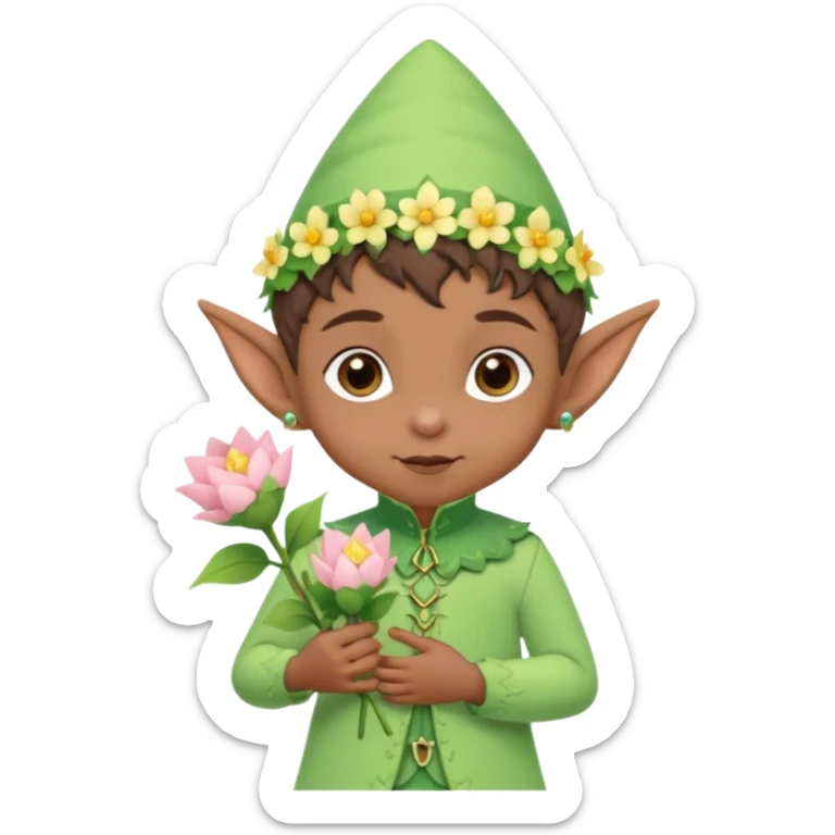 Tiny elf baby brown skin with pointy ears and hat, pastel green outfit, hold flowers sticker