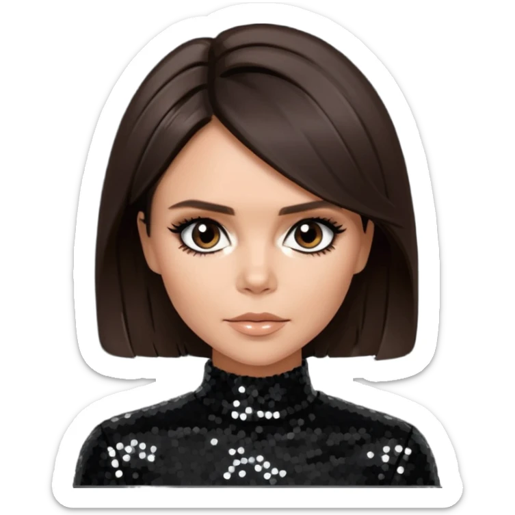 Victoria Beckham from Spice Girls with dark brown hair, black sequin outfit sticker