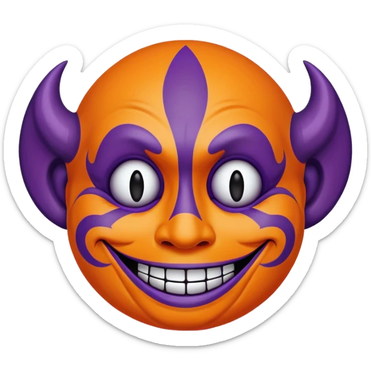 Juggalo smiley face that is Perfectly round and hairless with elaborate but symmetrical lined face paint that is orange bordered by dark purple sticker