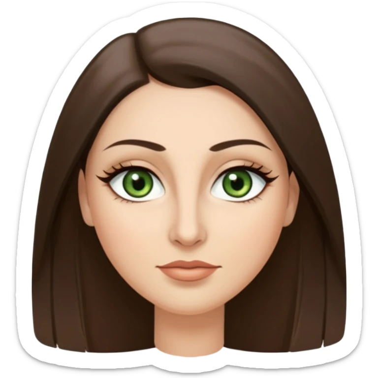 40 year old Adult woman avatar, light skin tone, oval face, long straight ashy brown hair, green almond-shaped eyes with dramatic eyelashes and minimal eyeliner, neutral mouth, medium straight eyebrows, small nose, smooth skin sticker